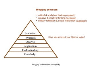 Blogging enhances: critical & analytical thinking  ( analysis ) creative & intuitive thinking  ( synthesis ) solitary reflection & social interaction  ( evaluation ) Have you achieved your Bloom’s today? 