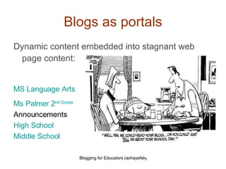Blogs as portals Dynamic content embedded into stagnant web page content:   MS Language Arts Ms Palmer 2 nd  Grade Announcements High School Middle School 