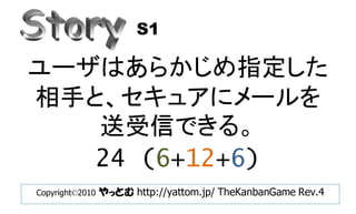 S1

ユーザはあらかじめ指定した
相手と、セキュアにメールを
   送受信できる。
   24 (6+12+6)
Copyright©2010   やっとむ http://yattom.jp/ TheKanbanGame Rev.4
 