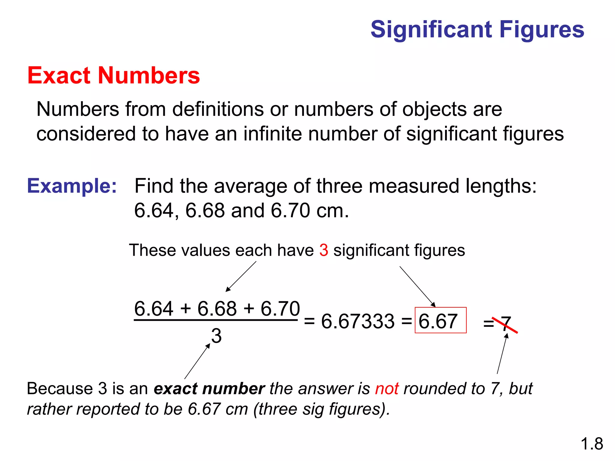 Significant Figures
Exact Numbers
 Numbers from definitions or numbers of objects are
 considered to have an infinite number of significant figures

Example: Find the average of three measured lengths:
         6.64, 6.68 and 6.70 cm.
            These values each have 3 significant figures


             6.64 + 6.68 + 6.70
                                = 6.67333 = 6.67           =7
                     3

Because 3 is an exact number the answer is not rounded to 7, but
rather reported to be 6.67 cm (three sig figures).

                                                                   1.8
 