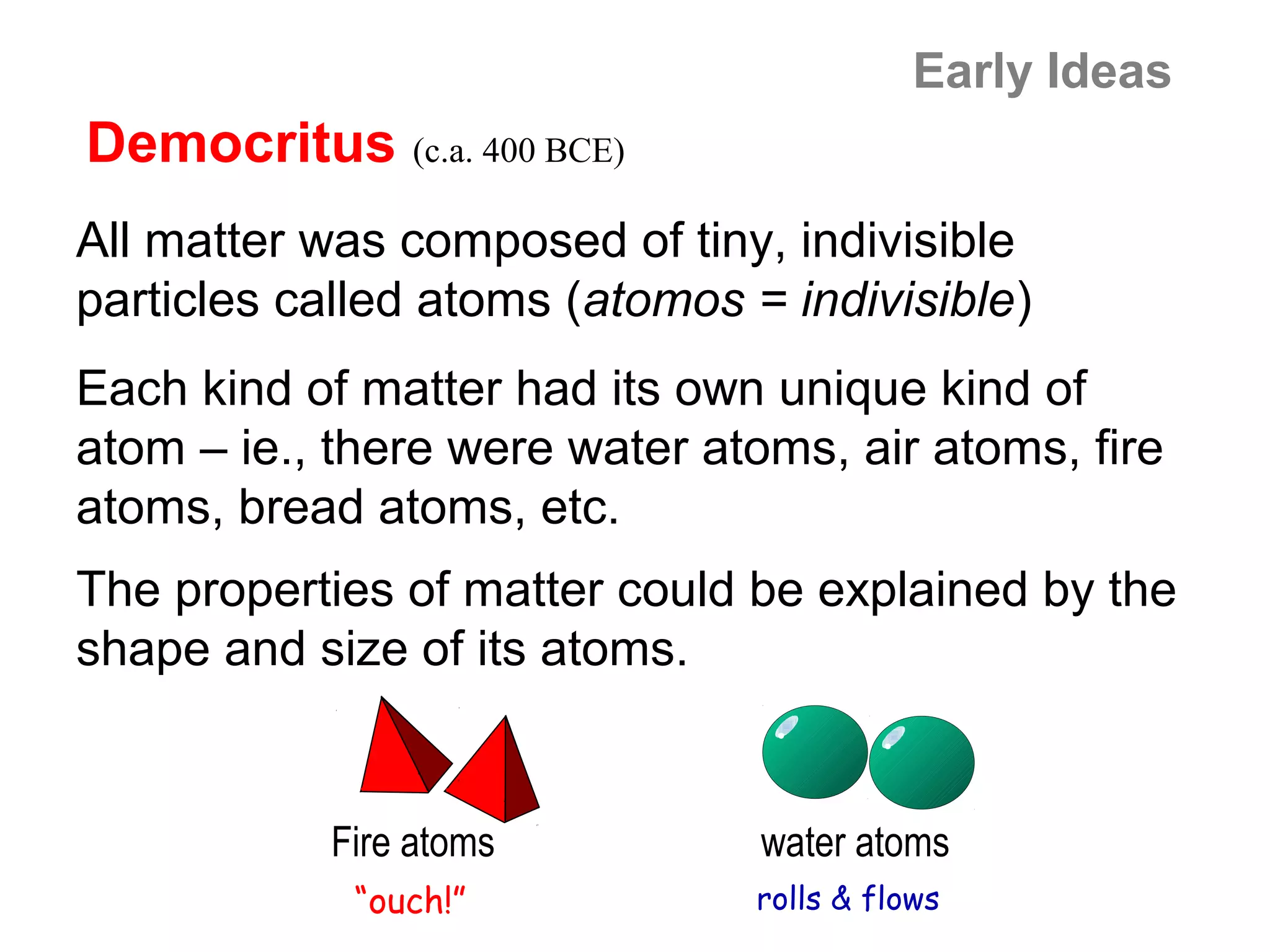 Early Ideas
Democritus (c.a. 400 BCE)
All matter was composed of tiny, indivisible
particles called atoms (atomos = indivisible)
Each kind of matter had its own unique kind of
atom – ie., there were water atoms, air atoms, fire
atoms, bread atoms, etc.
The properties of matter could be explained by the
shape and size of its atoms.


            Fire atoms          water atoms
             “ouch!”            rolls & flows
 