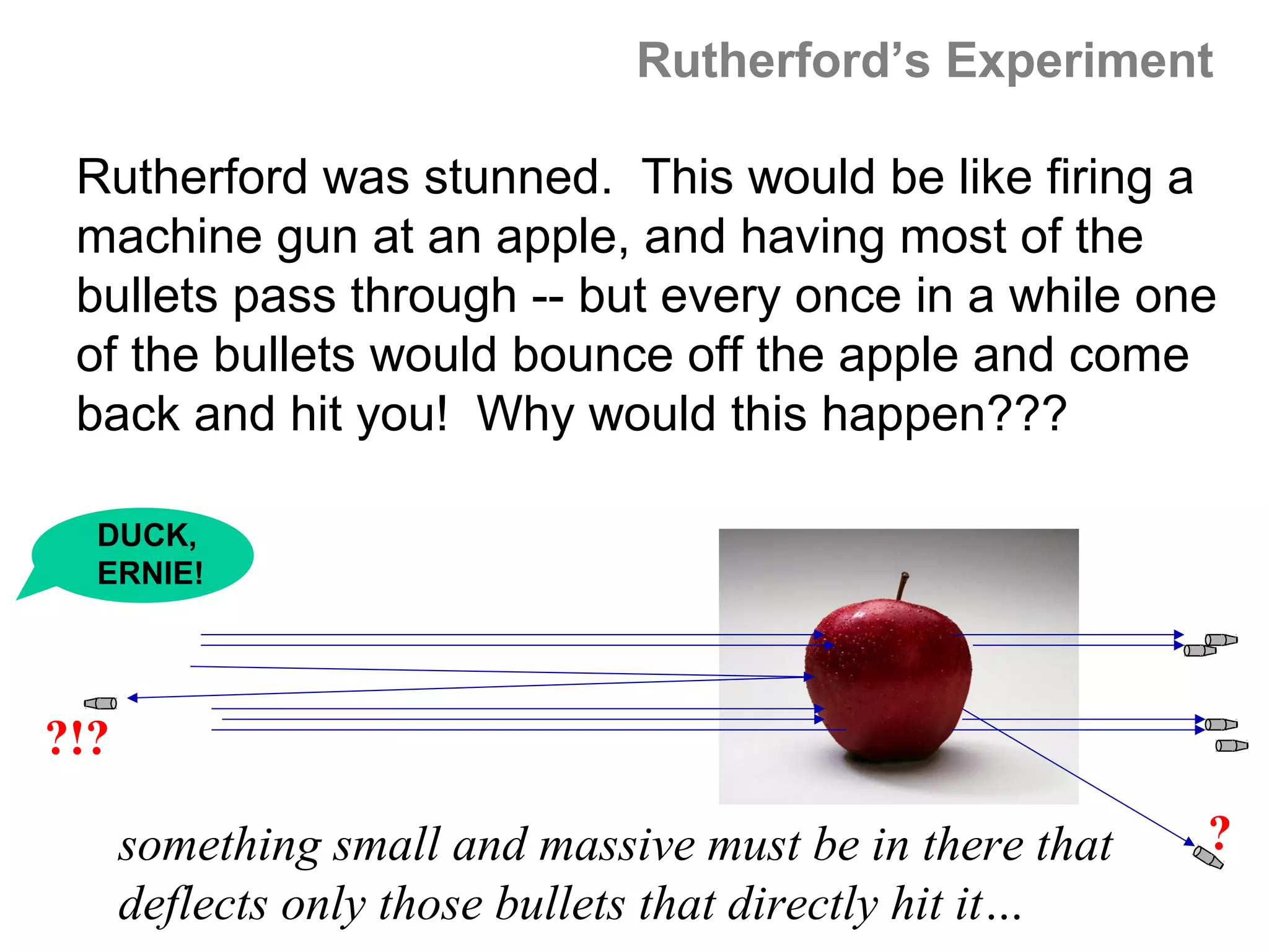 Rutherford’s Experiment

 Rutherford was stunned. This would be like firing a
 machine gun at an apple, and having most of the
 bullets pass through -- but every once in a while one
 of the bullets would bounce off the apple and come
 back and hit you! Why would this happen???

  DUCK,
  ERNIE!




?!?

      something small and massive must be in there that   ?
      deflects only those bullets that directly hit it…
 