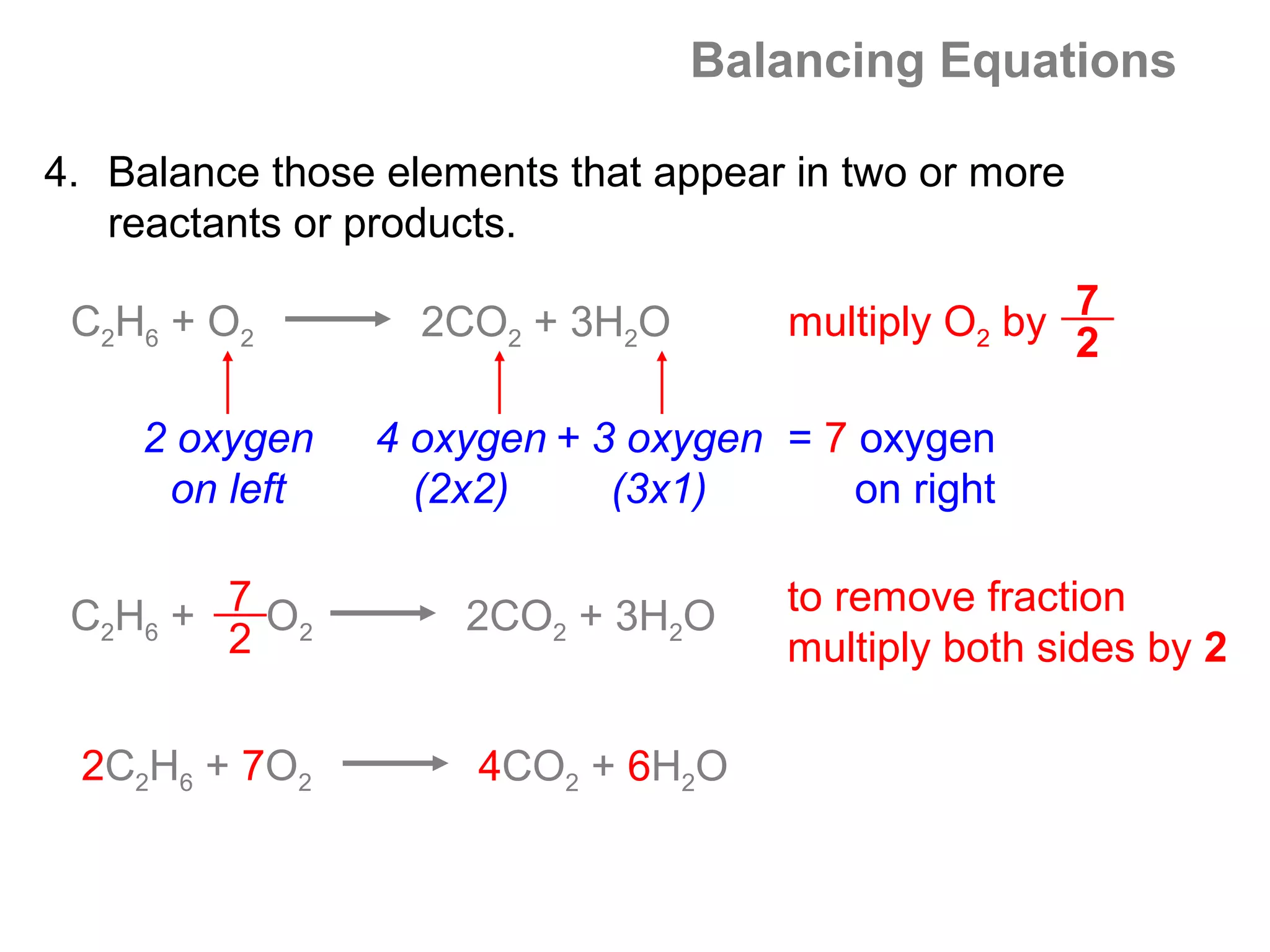 Balancing Equations

4. Balance those elements that appear in two or more
   reactants or products.

 C2H6 + O2         2CO2 + 3H2O       multiply O2 by 7
                                                    2

    2 oxygen    4 oxygen + 3 oxygen = 7 oxygen
     on left      (2x2)     (3x1)       on right


 C2H6 + 7 O2         2CO2 + 3H2O     to remove fraction
        2                            multiply both sides by 2

 2C2H6 + 7O2          4CO2 + 6H2O
 
