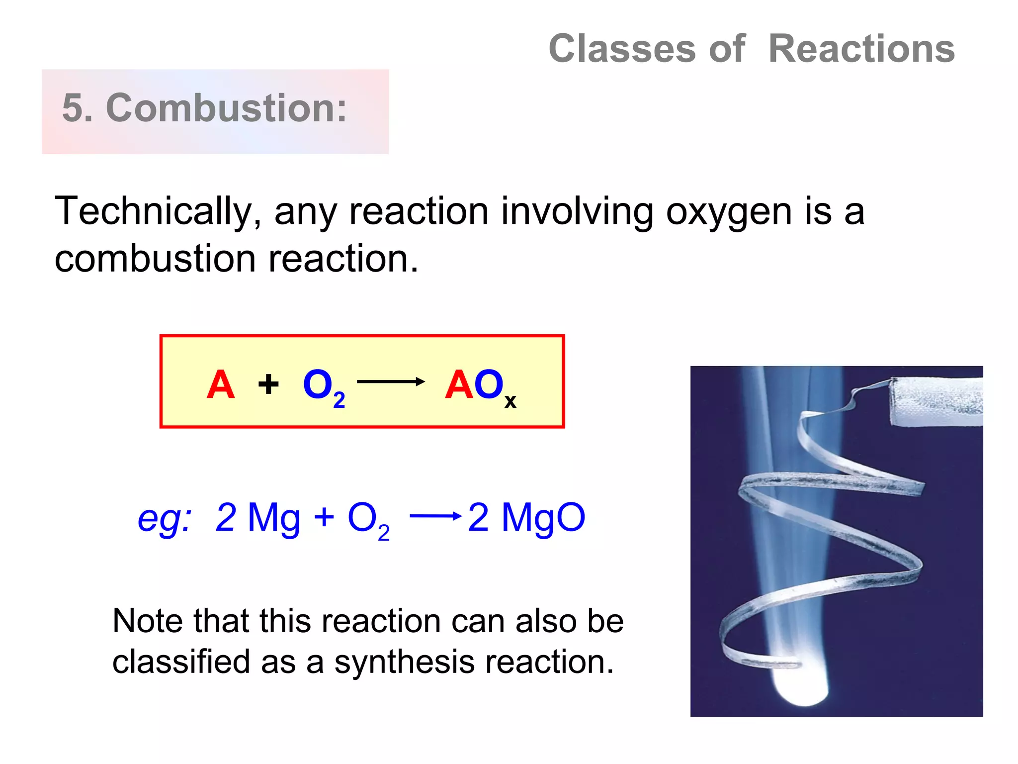 Classes of Reactions
5. Combustion:

Technically, any reaction involving oxygen is a
combustion reaction.


         A + O2          AOx


    eg: 2 Mg + O2          2 MgO

   Note that this reaction can also be
   classified as a synthesis reaction.
 