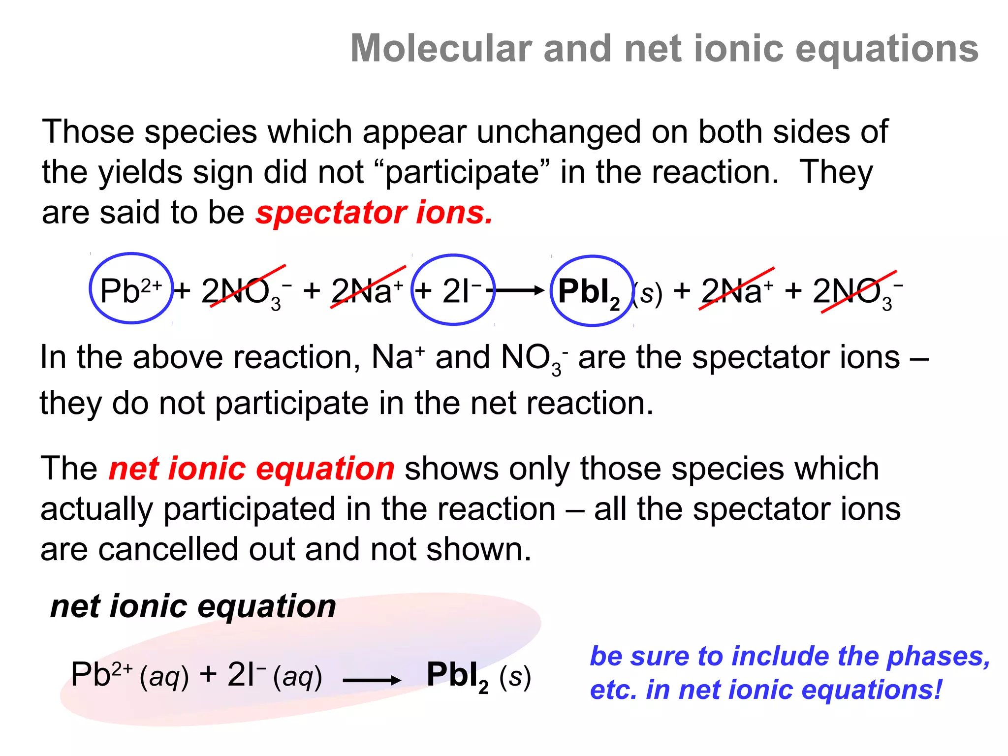 Molecular and net ionic equations

Those species which appear unchanged on both sides of
the yields sign did not “participate” in the reaction. They
are said to be spectator ions.

    Pb2+ + 2NO3− + 2Na+ + 2I−         PbI2 (s) + 2Na+ + 2NO3−
In the above reaction, Na+ and NO3- are the spectator ions –
they do not participate in the net reaction.
The net ionic equation shows only those species which
actually participated in the reaction – all the spectator ions
are cancelled out and not shown.
net ionic equation
                                        be sure to include the phases,
  Pb (aq) + 2I (aq)
     2+        −
                           PbI2 (s)     etc. in net ionic equations!
 