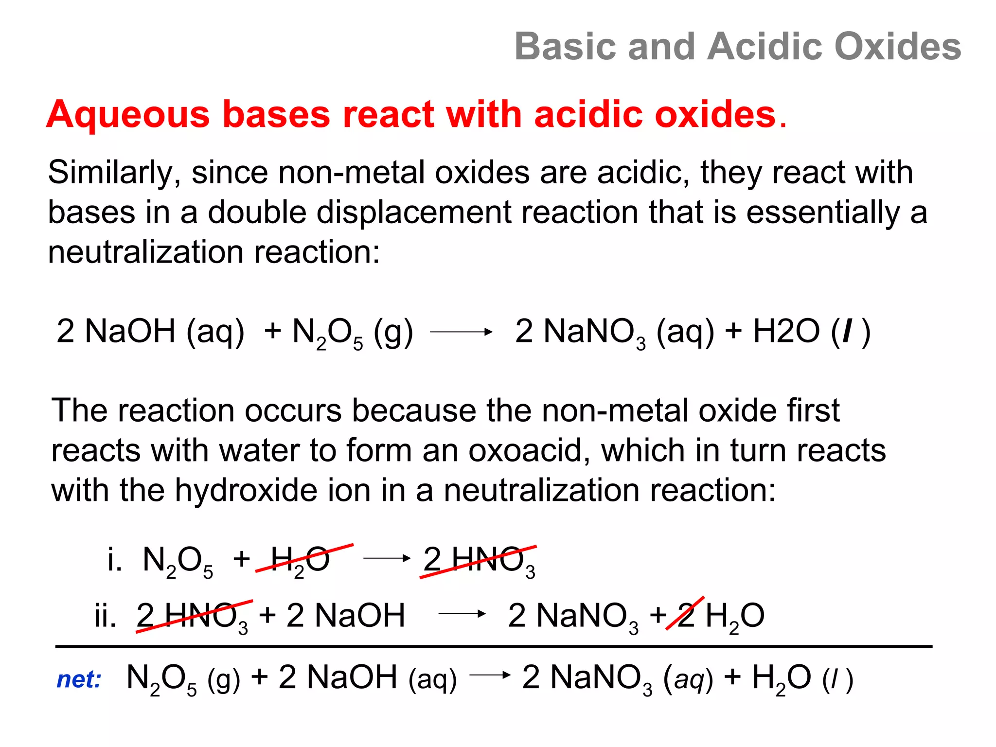 Basic and Acidic Oxides
Aqueous bases react with acidic oxides.
Similarly, since non-metal oxides are acidic, they react with
bases in a double displacement reaction that is essentially a
neutralization reaction:

2 NaOH (aq) + N2O5 (g)           2 NaNO3 (aq) + H2O (l )

The reaction occurs because the non-metal oxide first
reacts with water to form an oxoacid, which in turn reacts
with the hydroxide ion in a neutralization reaction:

       i. N2O5 + H2O       2 HNO3
   ii. 2 HNO3 + 2 NaOH           2 NaNO3 + 2 H2O
net:    N2O5 (g) + 2 NaOH (aq)   2 NaNO3 (aq) + H2O (l )
 
