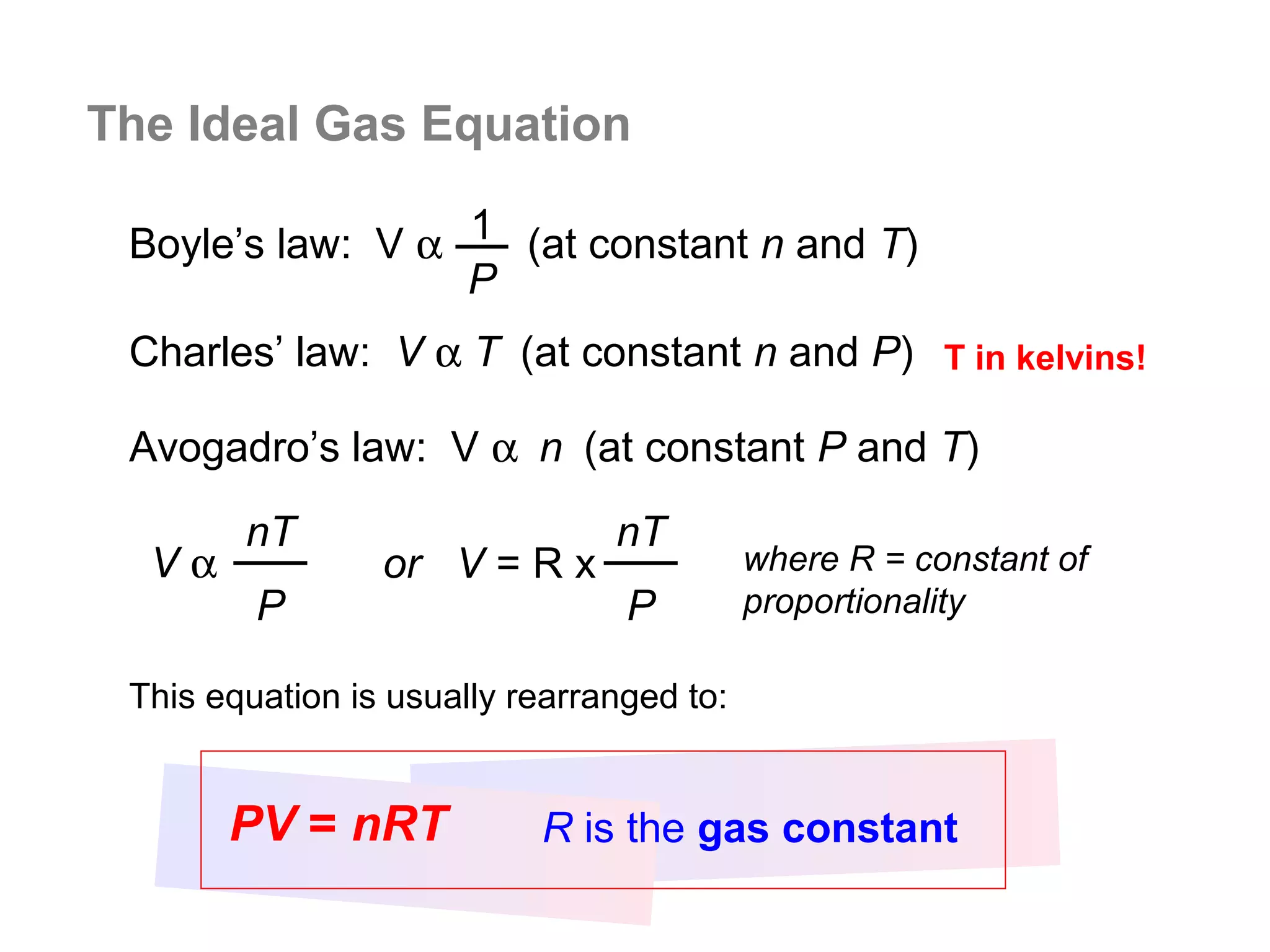 The Ideal Gas Equation

 Boyle’s law: V α 1 (at constant n and T)
                  P
 Charles’ law: V α T (at constant n and P) T in kelvins!

 Avogadro’s law: V α n (at constant P and T)

        nT                      nT
  Vα             or V = R x                where R = constant of
         P                       P         proportionality

 This equation is usually rearranged to:


       PV = nRT            R is the gas constant
 