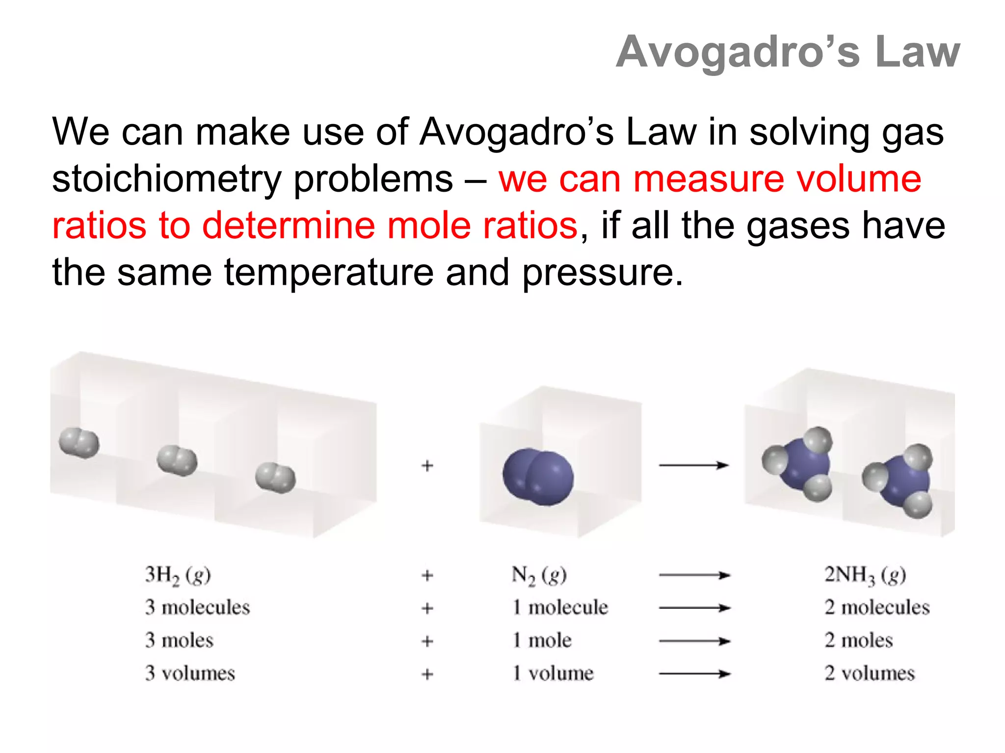 Avogadro’s Law
We can make use of Avogadro’s Law in solving gas
stoichiometry problems – we can measure volume
ratios to determine mole ratios, if all the gases have
the same temperature and pressure.
 