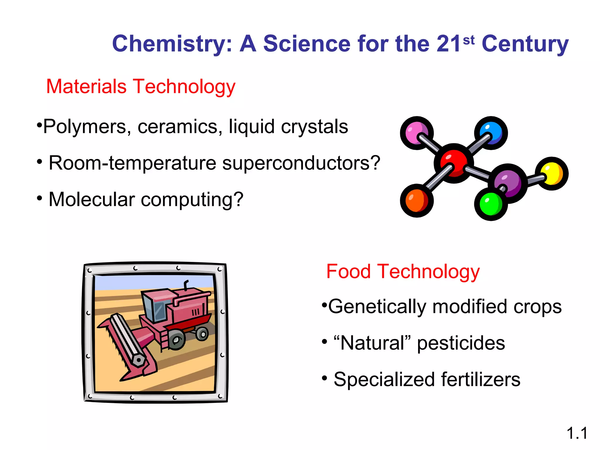 Chemistry: A Science for the 21st Century
 Materials Technology
•Polymers, ceramics, liquid crystals
• Room-temperature superconductors?
• Molecular computing?


                                 Food Technology
                                •Genetically modified crops
                                • “Natural” pesticides
                                • Specialized fertilizers

                                                              1.1
 