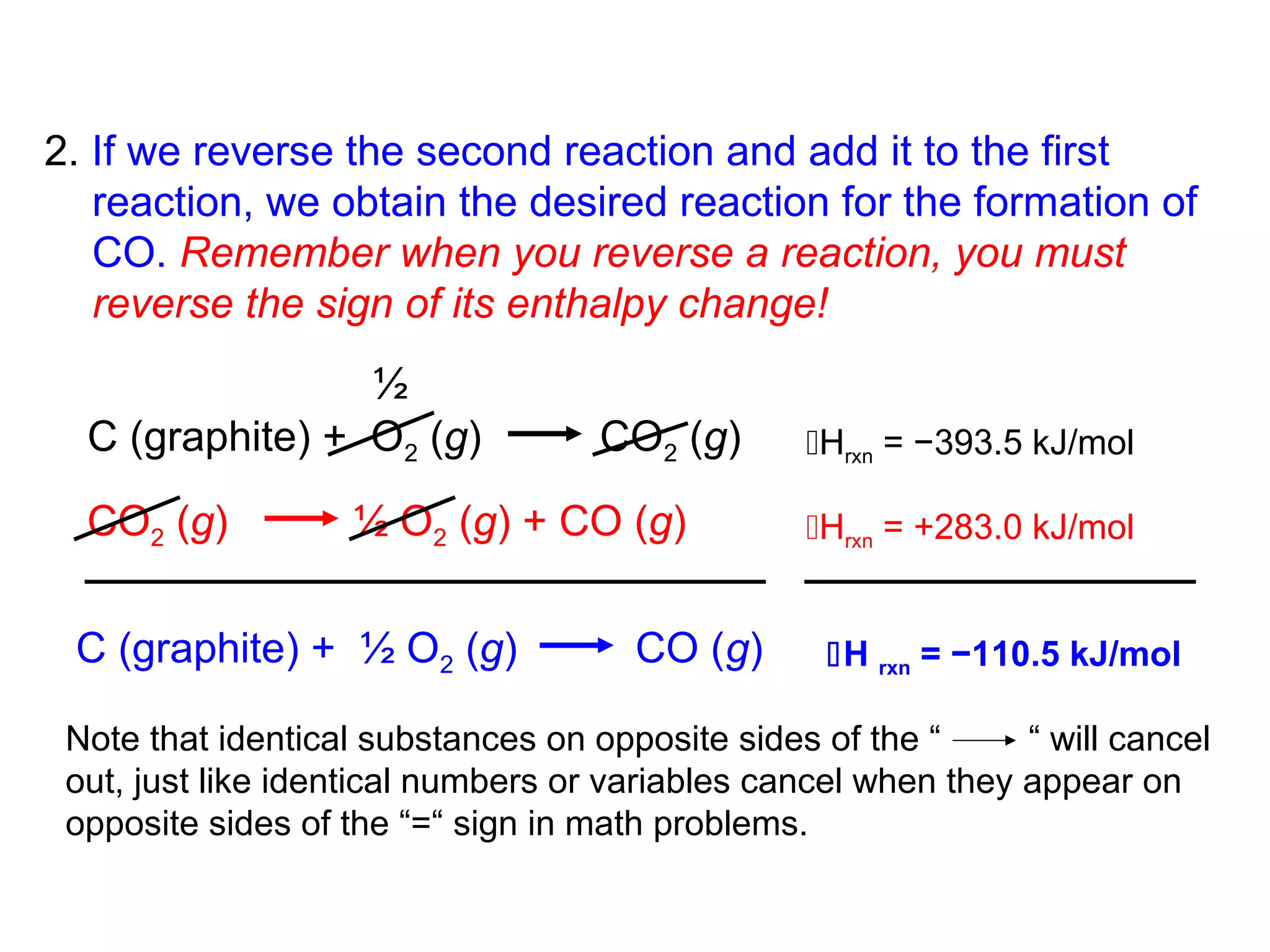 2. If we reverse the second reaction and add it to the first
   reaction, we obtain the desired reaction for the formation of
   CO. Remember when you reverse a reaction, you must
   reverse the sign of its enthalpy change!
                 ½
  C (graphite) + O2 (g)             CO2 (g)       Hrxn = −393.5 kJ/mol

  CO2 (g)           ½ O2 (g) + CO (g)             Hrxn = +283.0 kJ/mol


 C (graphite) + ½ O2 (g)              CO (g)       H rxn = −110.5 kJ/mol

 Note that identical substances on opposite sides of the “      “ will cancel
 out, just like identical numbers or variables cancel when they appear on
 opposite sides of the “=“ sign in math problems.
 