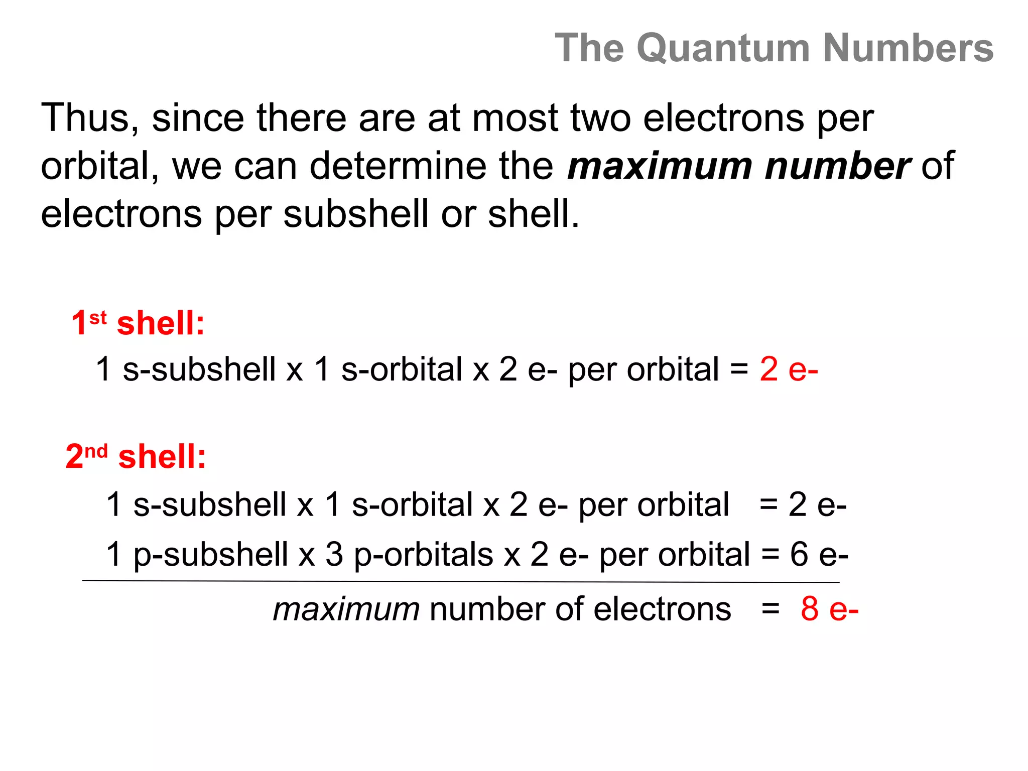 The Quantum Numbers
Thus, since there are at most two electrons per
orbital, we can determine the maximum number of
electrons per subshell or shell.

 1st shell:
  1 s-subshell x 1 s-orbital x 2 e- per orbital = 2 e-

 2nd shell:
    1 s-subshell x 1 s-orbital x 2 e- per orbital = 2 e-
    1 p-subshell x 3 p-orbitals x 2 e- per orbital = 6 e-
               maximum number of electrons = 8 e-
 