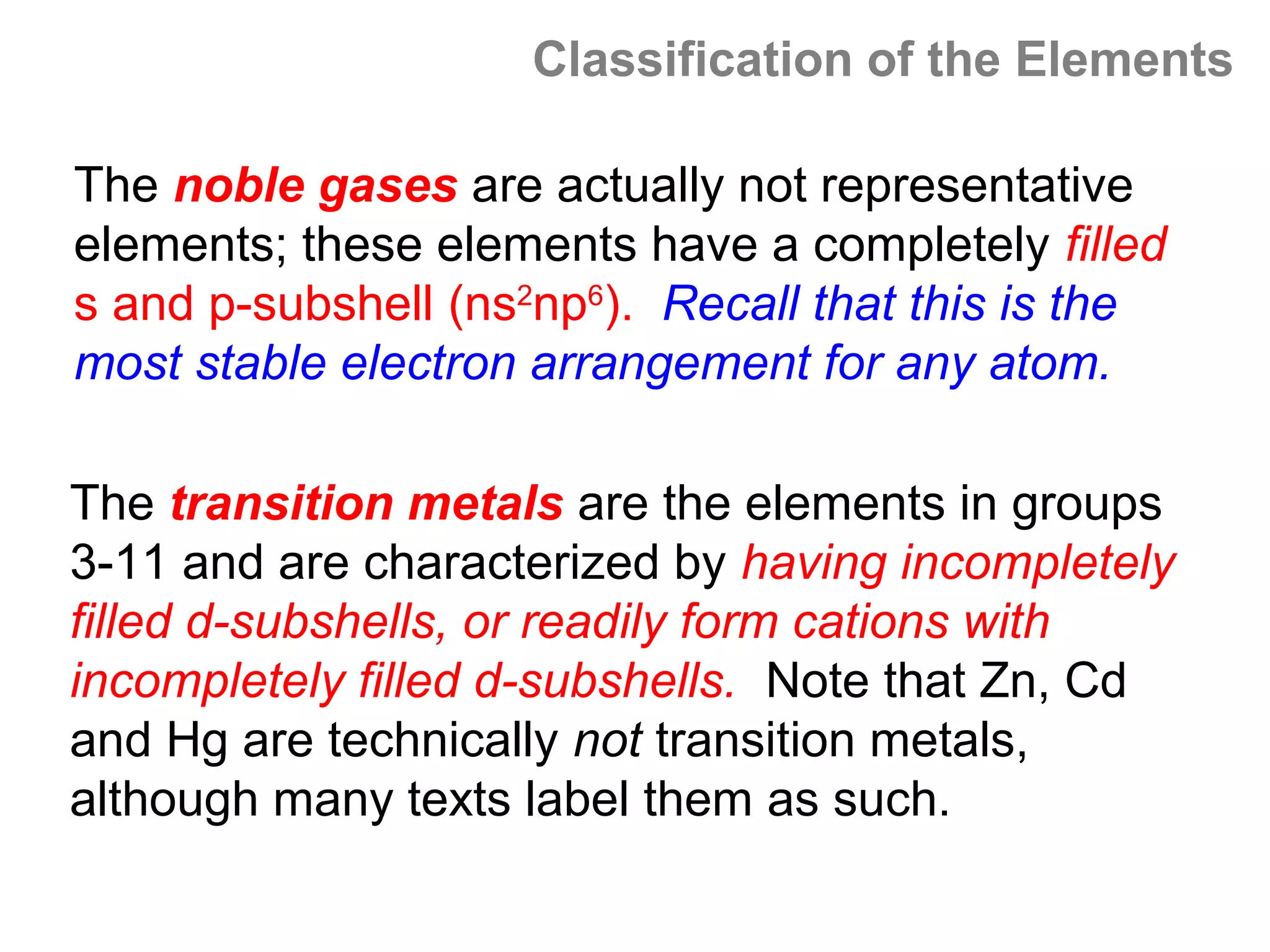 Classification of the Elements

The noble gases are actually not representative
elements; these elements have a completely filled
s and p-subshell (ns2np6). Recall that this is the
most stable electron arrangement for any atom.

The transition metals are the elements in groups
3-11 and are characterized by having incompletely
filled d-subshells, or readily form cations with
incompletely filled d-subshells. Note that Zn, Cd
and Hg are technically not transition metals,
although many texts label them as such.
 