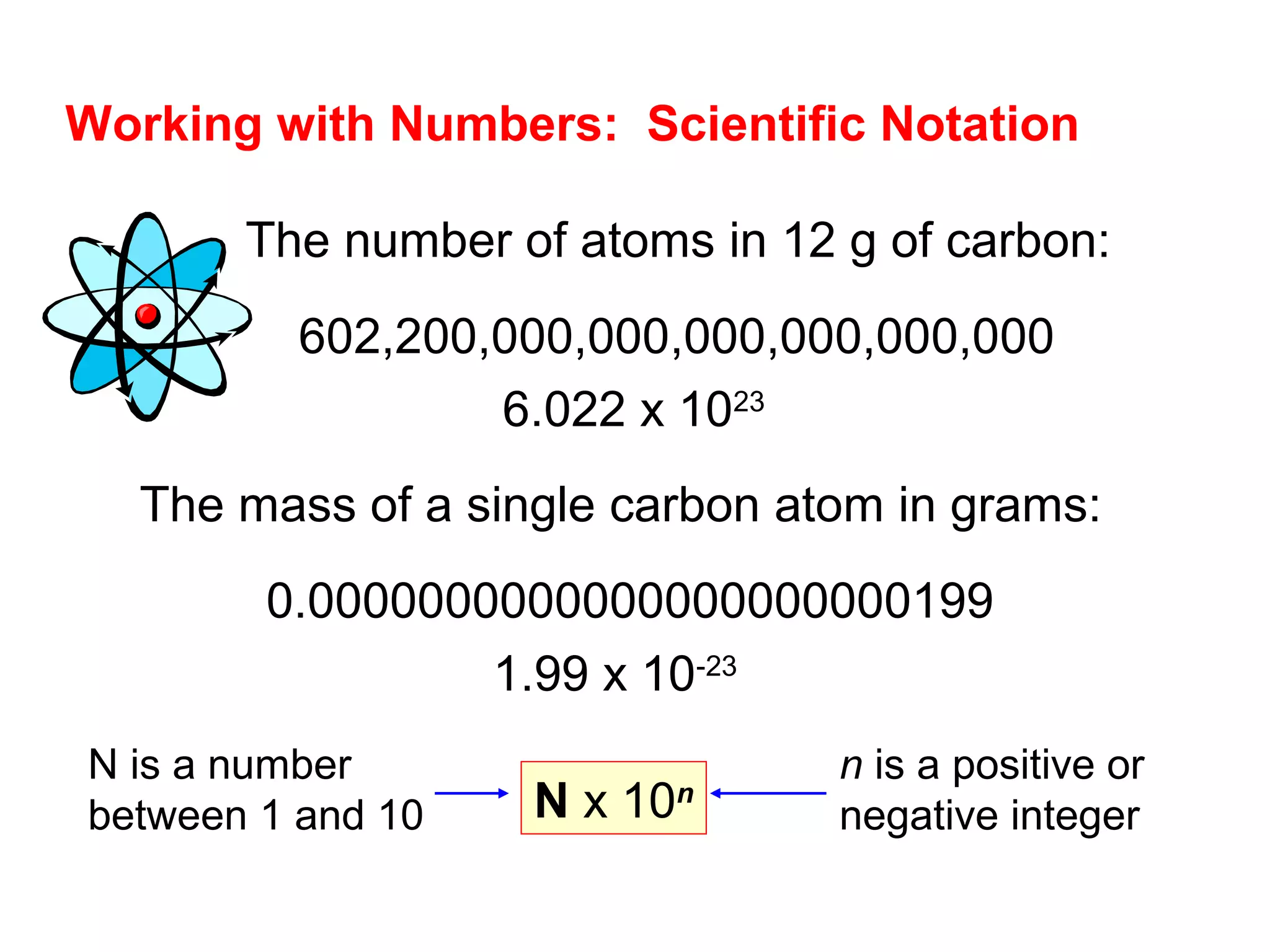 Working with Numbers: Scientific Notation

       The number of atoms in 12 g of carbon:
          602,200,000,000,000,000,000,000
                  6.022 x 1023
   The mass of a single carbon atom in grams:
        0.0000000000000000000000199
                 1.99 x 10-23
N is a number                    n is a positive or
between 1 and 10    N x 10   n
                                 negative integer
 