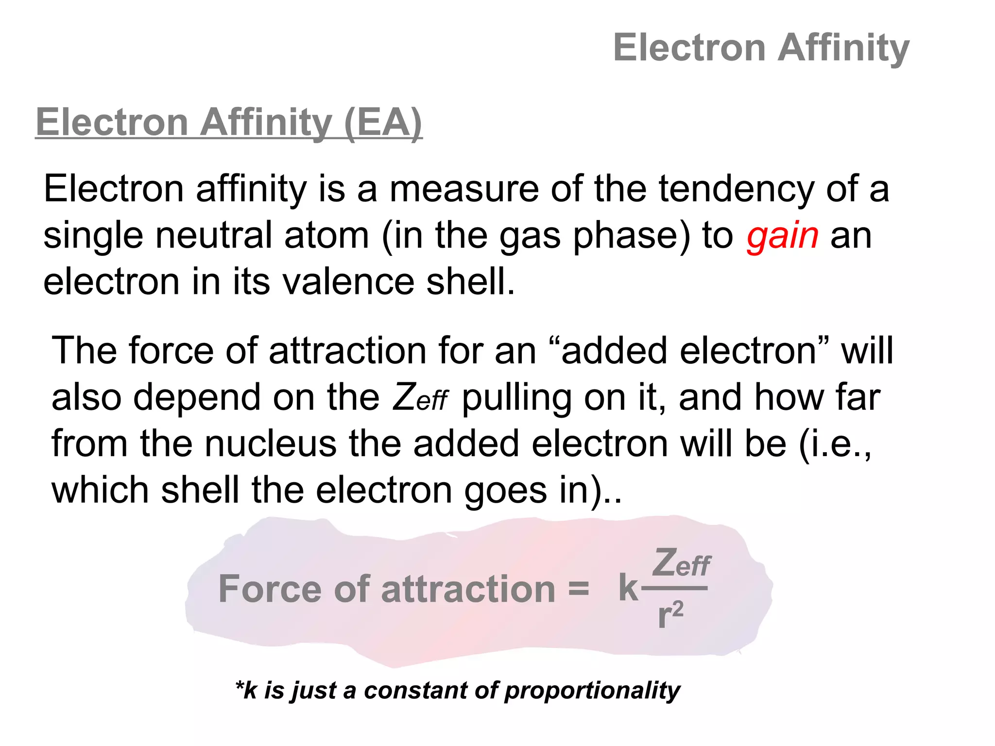 Electron Affinity
Electron Affinity (EA)
Electron affinity is a measure of the tendency of a
single neutral atom (in the gas phase) to gain an
electron in its valence shell.
The force of attraction for an “added electron” will
also depend on the Zeff pulling on it, and how far
from the nucleus the added electron will be (i.e.,
which shell the electron goes in)..
                                 Zeff
          Force of attraction = k 2
                                  r
           *k is just a constant of proportionality
 