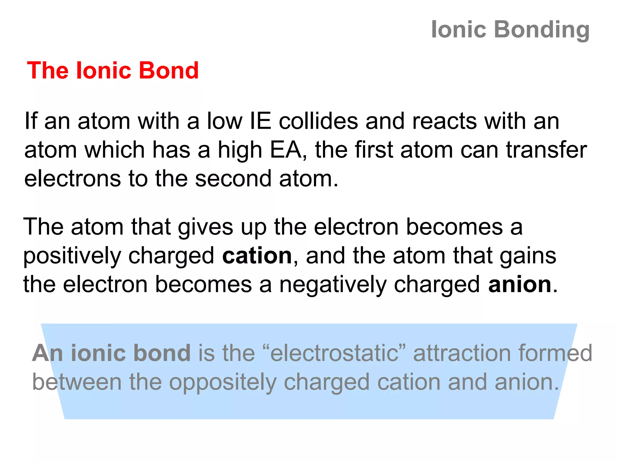 Ionic Bonding
The Ionic Bond

If an atom with a low IE collides and reacts with an
atom which has a high EA, the first atom can transfer
electrons to the second atom.

The atom that gives up the electron becomes a
positively charged cation, and the atom that gains
the electron becomes a negatively charged anion.

An ionic bond is the “electrostatic” attraction formed
between the oppositely charged cation and anion.
 