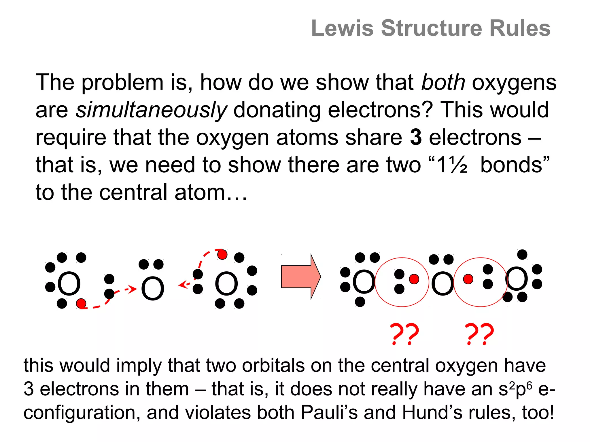 Lewis Structure Rules

 The problem is, how do we show that both oxygens
 are simultaneously donating electrons? This would
 require that the oxygen atoms share 3 electrons –
 that is, we need to show there are two “1½ bonds”
 to the central atom…



    O         O        O                O         O        O
                                             ??       ??
this would imply that two orbitals on the central oxygen have
3 electrons in them – that is, it does not really have an s 2p6 e-
configuration, and violates both Pauli’s and Hund’s rules, too!
 