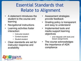 Essential Standards that  Relate to Alignment A statement introduces the student to the course and learning  Navigational instructions Learning activities foster interaction: Instructor-student Content-student Student-student Clear standards are set for instructor response and availability  Assessment strategies provide feedback Grading policy is transparent and easy to understand Implemented tools and media support learning objectives and integrate with texts and lesson assignments The course acknowledges the importance of ADA compliance 