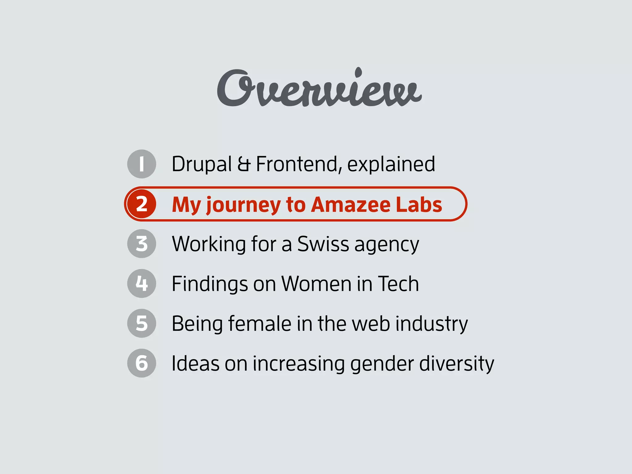 Overview
Drupal & Frontend, explained
My journey to Amazee Labs
Working for a Swiss agency
Findings on Women in Tech
Being female in the web industry
Ideas on increasing gender diversity
1
2
3
4
5
6
 