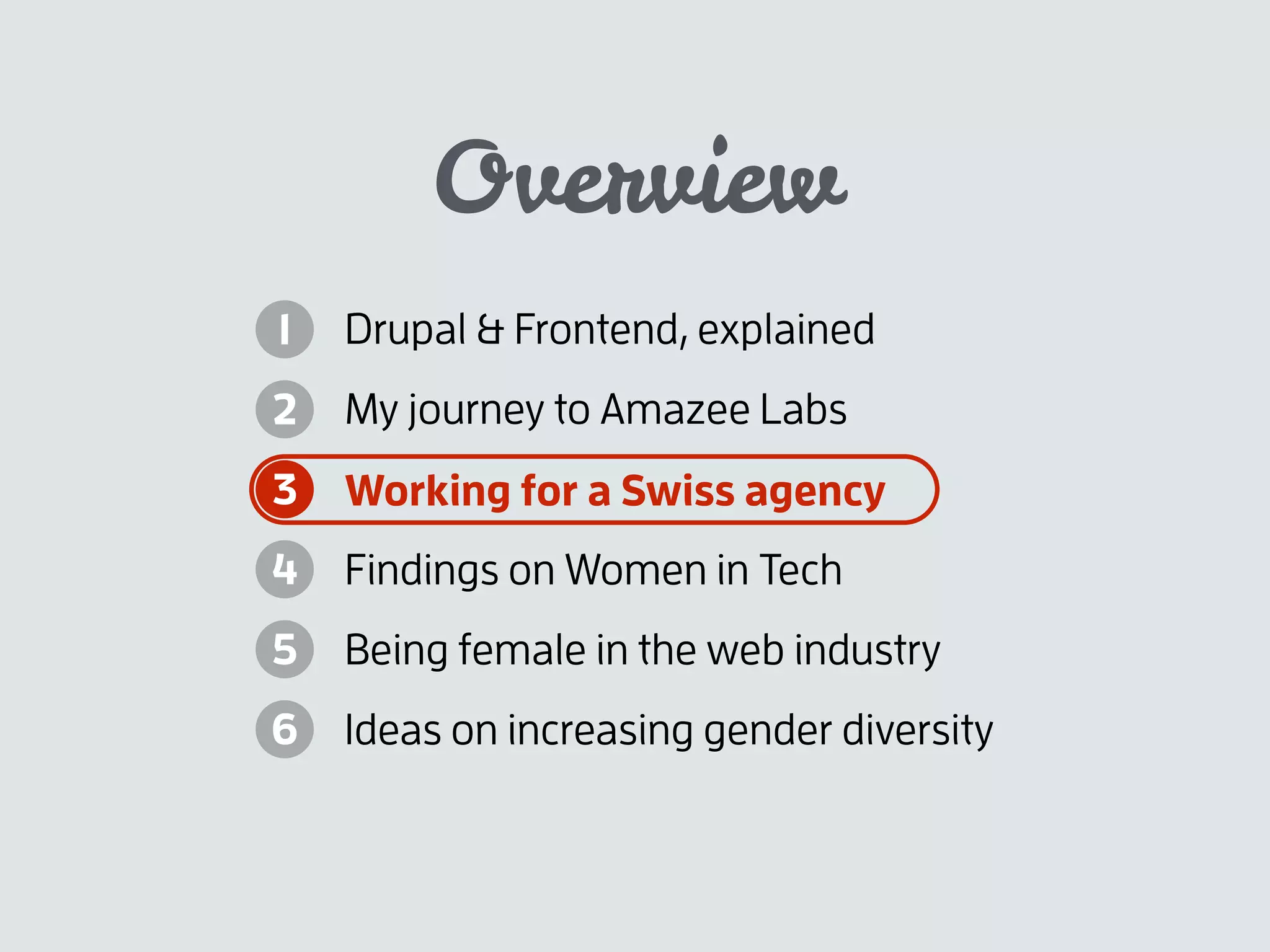 Overview
Drupal & Frontend, explained
My journey to Amazee Labs
Working for a Swiss agency
Findings on Women in Tech
Being female in the web industry
Ideas on increasing gender diversity
1
2
3
4
5
6
 