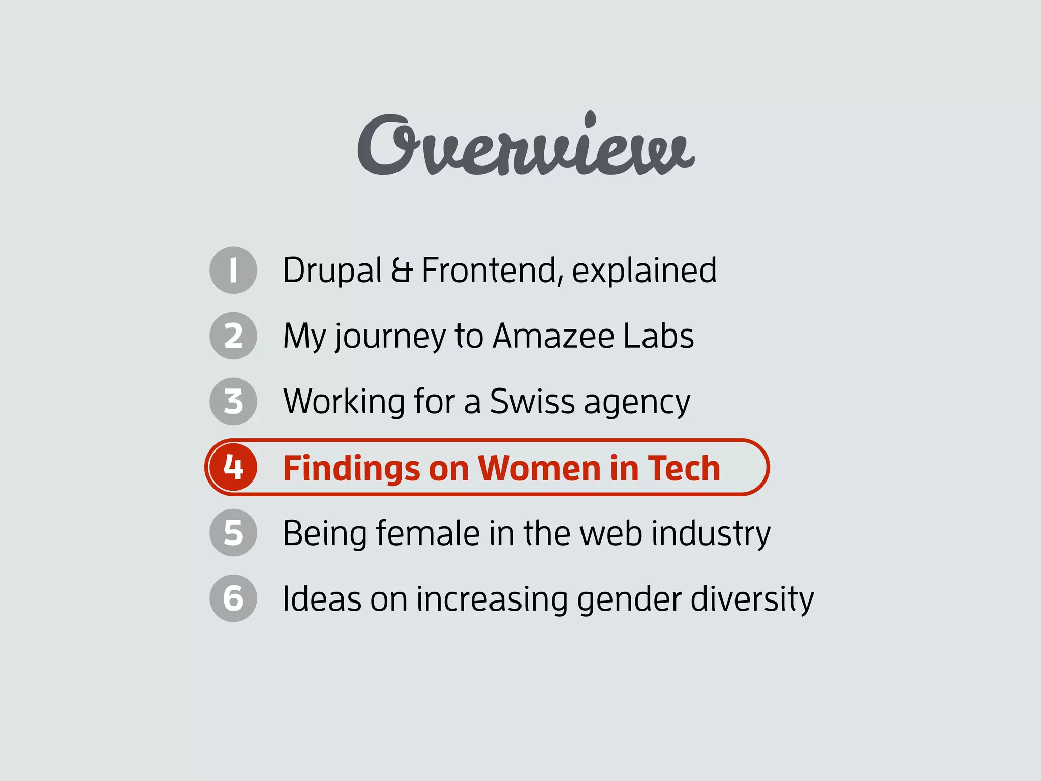Overview
Drupal & Frontend, explained
My journey to Amazee Labs
Working for a Swiss agency
Findings on Women in Tech
Being female in the web industry
Ideas on increasing gender diversity
1
2
3
4
5
6
 