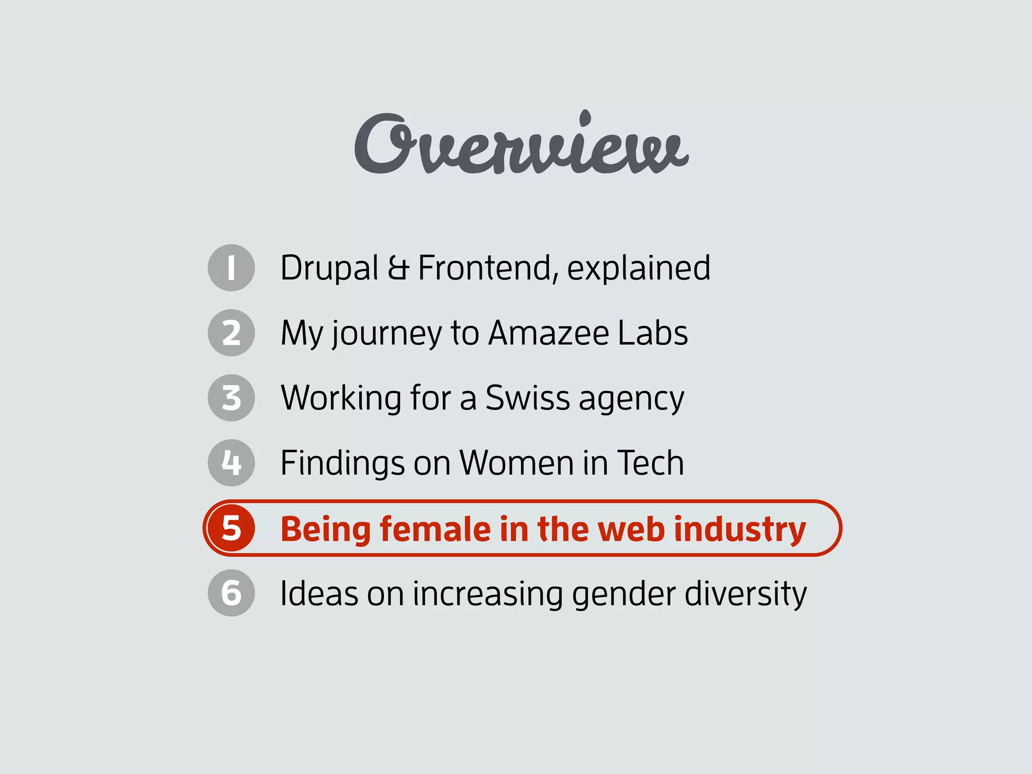 Overview
Drupal & Frontend, explained
My journey to Amazee Labs
Working for a Swiss agency
Findings on Women in Tech
Being female in the web industry
Ideas on increasing gender diversity
1
2
3
4
5
6
 
