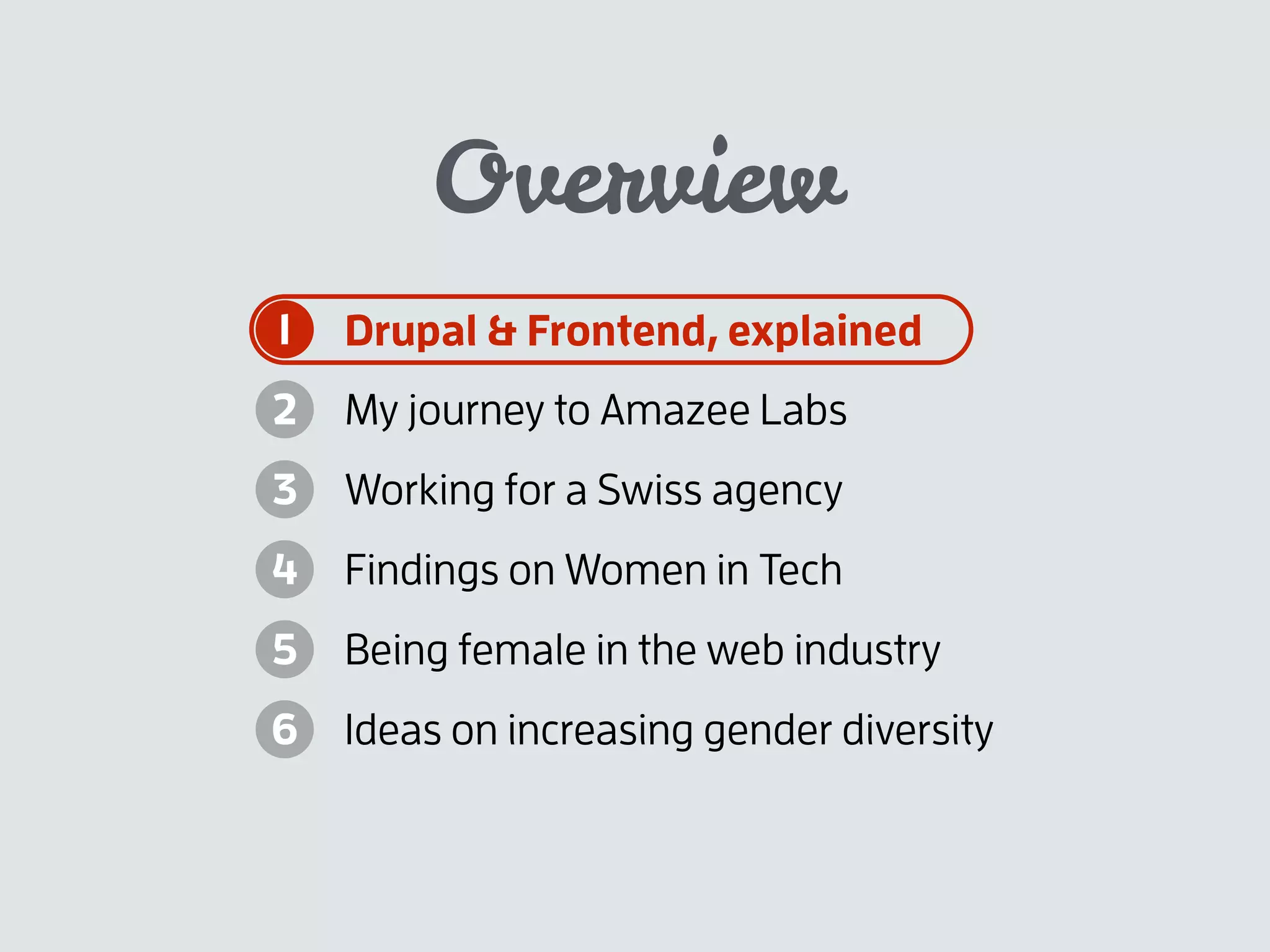 Overview
Drupal & Frontend, explained
My journey to Amazee Labs
Working for a Swiss agency
Findings on Women in Tech
Being female in the web industry
Ideas on increasing gender diversity
1
2
3
4
5
6
 