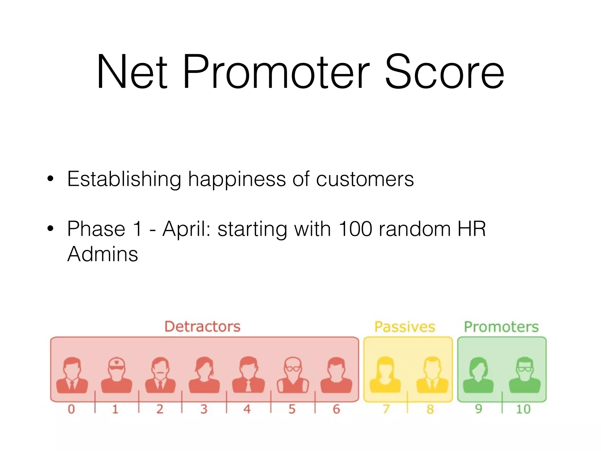 Net Promoter Score
• Establishing happiness of customers
• Phase 1 - April: starting with 100 random HR
Admins
 