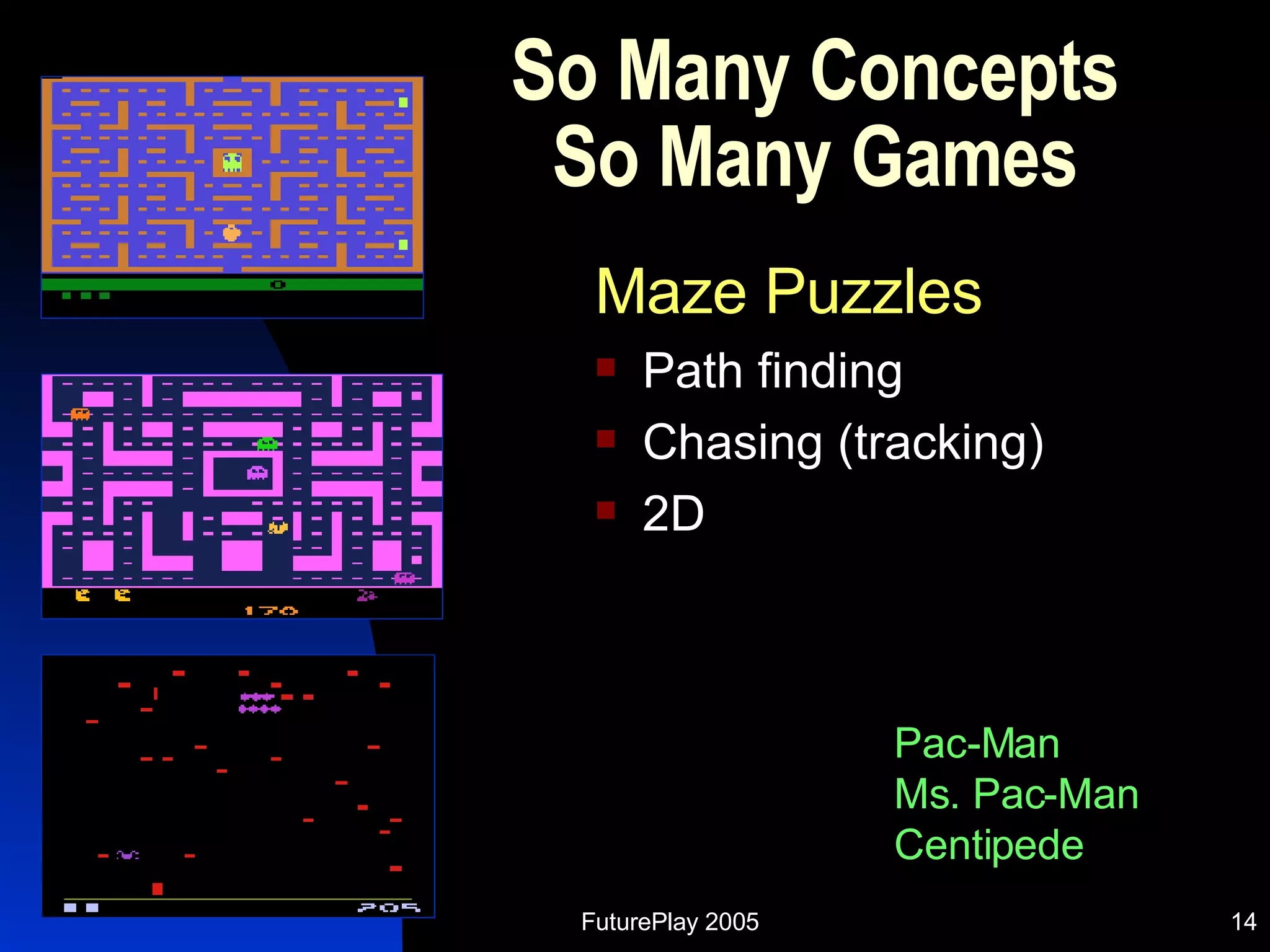 So Many Concepts So Many Games Maze Puzzles Path finding Chasing (tracking) 2D  Pac-Man Ms. Pac-Man Centipede 