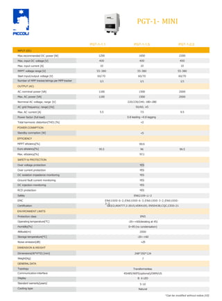 Safety
EMC
SAFETY& PROTECTION
DIMENSION & WEIGHT
MPPT eﬃciency[%]
Euro eﬃciency[%]
Operating temperature[°C]
Humidity[%]
Attitude[m]
Storage temperature[°C]
Dimensions(W*H*D) [mm]
Weight[Kg]
Over voltage protection YES
Over current protection YES
DC isolation impedance monitoring YES
Ground fault current monitoring YES
DC injection monitoring YES
RCD protection YES
PGT-1- MINI
96.5
PGT-1-1.1 PGT-1-1.5 PGT-1-2.0
INPUT (DC)
Max.recommended DC power [W] 1250 1650 2200
Max. input DC voltage [V] 400 400 400
Max. input current [A] 10 10 10
MPPT voltage range [V] 55-380 55-380 55-380
Start input/output voltage [V] 60/70 60/70 60/70
Number of MPP tracker/strings per MPP tracker 1/1 1/1 1/1
OUTPUT (AC)
AC norminal power [VA] 1100 1500 2000
Max. AC power [VA] 1100 1500 2000
Norminal AC voltage; range [V] 220/230/240; 180~280
AC grid frequency; range) [Hz] 50/60; ±5
Max. AC current [A] 5.5 7.5 9.5
Power factor (full load) 0.8 leading ~0.8 lagging
Total harmonic distortion(THD) [%] <2
POWER CONMPTION
Standby conmption [W] <5
EFFICIENCY
99.9
96
Max. eﬃciency[%] 97.1
-20~+60(derating at 45)
0~95 (no condensation)
2000
-20~+60
Noise emission[dB] <25
248*350*124
7
EN62109-1/-2
Certiﬁcation G83/2;AS4777.2-2015;VDE4105; EN50438;CQC;CEI0-21
ENVIRONMENT LIMITS
Protection class IP65
EN61000-6-2;EN61000-6-3;EN61000-3-2;EN61000-
3-3
GENERALDATA
Topology
Communication interface
Display
Standard warranty[years]
Cooling type
Transformerless
RS485/WIFI(optional)/DRM/US
B 6 LED
5-10
Natural
*Can be modiﬁed without notice.(V2)
95.5
 