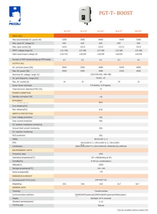 Over current protection
DC isolation impedance monitoring
Ground fault current monitoring
DC injection monitoring
RCD protection
Safety
EMC
Communication interface
MPPT eﬃciency[%]
Euro eﬃciency[%]
Max. eﬃciency[%]
PGT-T- BOOST
DIMENSION & WEIGHT
Dimensions(W*H*D) [mm] 339*420*143
B.3.0T B.3.3T B.3.6T B-4.2T B-5.0T
INPUT (DC)
Max.recommended DC power [W] 3250 3500 4000 4600 5200
Max. input DC voltage [V] 600 600 600 600 600
Max. input current [A] 12/12 12/12 12/12 12/12 12/12
MPPT voltage range [V] 125-580 125-580 125-580 125-580 125-580
Start input/output voltage [V] 110/150 110/150 110/150 110/150 110/150
Number of MPP tracker/strings per MPP tracker 2/1 2/1 2/1 2/1 2/1
OUTPUT (AC)
AC norminal power [VA] 3000 3300 3680 4200 4600
Max. AC power [VA] 3000 3300 3680 4200 4600
Norminal AC voltage; range [V] 220/230/240; 180~280
AC grid frequency; range) [Hz] 50/60; ±5
Max. AC current [A] 14 15 16 19 21
Power factor (full load) 0.8 leading ~0.8 lagging
Total harmonic distortion(THD) [%] <2
POWER CONMPTION
Standby conmption [W] <10
EFFICIENCY
99.9
97.0
97.8
SAFETY& PROTECTION
Over voltage protection YES
YES
YES
YES
YES
YES
Weight[Kg] 14.6 14.6 14.6 16.7 16.7
GENERAL DATA
Topology Transformerless
RS485/WIFI(optional)/DRM/USB/RF(optional)/Meter(option
al)
IEC62109-1/-2
Certiﬁcation G83/2;G59/3;AS4777.2-2015;VDE4105; EN50438;CQC;VDE0126
ENVIRONMENT LIMITS
Protection class IP65
Operating temperature[°C] -20~+60(derating at 45)
Humidity[%] 0~95 (no condensation)
Attitude[m] 2000
Storage temperature[°C] -20~+60
Noise emission[dB] <25
EN 61000-6-1 / EN 61000-6-2 / EN 61000-
6-3
Display
Standard warranty[years]
Cooling type
Backlight 16*4 character
5-10
Natural
*Can be modiﬁed without notice.(V2)
 
