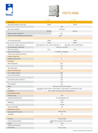 300
2/A:4
B:4
280-950
TL-30T TL-36T
-25~+60 (derating at 45)
0~95
2000
-25~60
36000
40000
3/PE 480;+/-10%; 3/N/PE 480;+/-
10%;
30000
33000
3/PE 380, 400;+/-10%; 3/N/PE 380,400;+/-
10%;
99.9
98.3
IEC62109-1/IEC62109-2/AS3100
EN 61000-3-2/EN 61000-3-3/EN 61000-3-11/EN 61000-3-12/EN 61000-6-2/EN
61000-6-3
Transformerless
RS485/ WIFI (optional)/ Ethernet/ DRM/
USB
INPUT (DC)
Max.recommended DC power [W] 36000 43200
Max. input DC voltage [V] 1000
Max. input current [A] A:34/B:34
MPPT voltage range [V] 280-950
Start input/output voltage [V]
AC norminal power [VA]
Max. AC power [VA]
Norminal AC voltage; range [V]
Over voltage protection YES
Over current protection YES
DC isolation impedance monitoring YES
Ground fault current monitoring YES
DC injection monitoring YES
RCD protection YES
Safety
EMC
Topology
Communication interface
OUTPUT (AC)
SAFETY& PROTECTION
DIMENSION & WEIGHT
GENERALDATA
MPPT eﬃciency[%]
Euro eﬃciency[%]
Max. eﬃciency[%] 98.6
Certiﬁcation NB/T 32004-2013/ZVRT/VDE4105/G59/3/AS4777
ENVIRONMENT LIMITS
Protection class IP65
Operating temperature[°C]
Humidity[%]
Attitude[m]
Storage temperature[°C]
Noise emission[dB] <
60
Dimensions(W*H*D) [mm]
Weight[Kg]
Number of MPP tracker/strings per MPP tracker
660*610*260
60
AC grid frequency; range) [Hz] 50;45-55 / 60;55-65
Max. AC current [A] 48*3 48*3
Power factor (full load) 0.8 leading ~0.8 lagging
Total harmonic distortion(THD) [%] <3
POWER CONMPTION
Standby conmption [W] <7
EFFICIENCY
Display
Standard warranty[years]
Cooling type
4LED
5-10
Forced-cooling
*Can be modiﬁed without notice.(V2)
PGT-TL15000
 