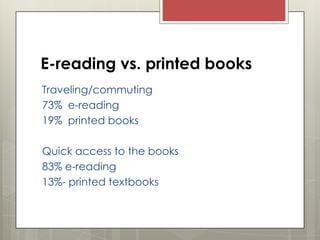 E-reading vs. printed books
Traveling/commuting
73% e-reading
19% printed books
Quick access to the books
83% e-reading
13%- printed textbooks

 