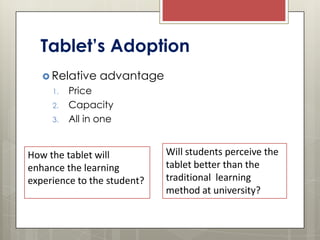 Tablet’s Adoption
 Relative
1.
2.
3.

advantage

Price
Capacity
All in one

How the tablet will
enhance the learning
experience to the student?

Will students perceive the
tablet better than the
traditional learning
method at university?

 