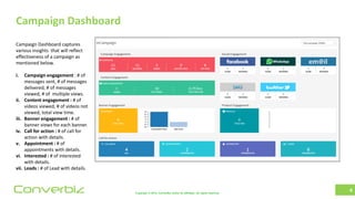 Copyright © 2018, ConverBiz and/or its affiliates. All rights reserved.Converbiz
Campaign Dashboard
4
Campaign Dashboard captures
various insights that will reflect
effectiveness of a campaign as
mentioned below.
i. Campaign engagement : # of
messages sent, # of messages
delivered, # of messages
viewed, # of multiple views.
ii. Content engagement : # of
videos viewed, # of videos not
viewed, total view time.
iii. Banner engagement : # of
banner views for each banner.
iv. Call for action : # of call for
action with details.
v. Appointment : # of
appointments with details.
vi. Interested : # of interested
with details.
vii. Leads : # of Lead with details.
 