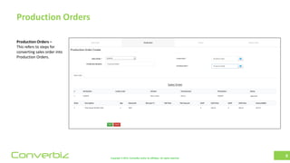 Copyright © 2018, ConverBiz and/or its affiliates. All rights reserved.Converbiz
Production Orders
9
Production Orders –
This refers to steps for
converting sales order into
Production Orders.
 