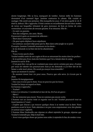 dormi longtemps. Elle se leva, manquant de tomber. Autour delle les hommes
dormaient d’un sommeil léger. Jasmine contourna la cabane. Elle voulait se
soulager. Elle sentit une présence. Elle écarquilla les yeux. C’est alors quelle le vit. Il
était la, debout. Elle s’approcha. Il était comme en recueillement devant deux mottes
de terres sur lesquelles trônaient de gros morceaux de bois en forme de croix
vermoulues et couvertes de mousse gluante. Il se retourna. Elle fit :
- Ce sont vos parents.
- Non des indigènes, des amis. Morts.
Il poursuivit après un moment de réflexion :
- Mort dans l’anonymat
- On peut après déplacer leurs sépultures
- Les animaux auraient déjà passe par la. Rien dans cette jungle ne se perd.
Il soupira. Jasmine l’entendit murmurer en les dents :
- Je me demande si j’ai bien fait de les abandonner.
Elle fit :
- Vous n’aviez pas le choix
Youlsef sembla sortir de son cogito et fit en se retournant les mains dans les poches :
- Je ne parlais pas d’eux mais des hommes que l’on a laissés dans le camp.
Jasmine le suivit. Il fit :
- C’est peut être vrai qu’ils ne voulaient pas nous suivre certains par peur, d’autres
par souci de ralentir nos poursuivants mais je me demande si j’ai bien fait de les
laisser a cette mort atroce. On aurait pu essayer tous ensemble !
Apres un moment il conclut :
- Ils auraient donné leur vie pour nous. Pourvu que cela serve. Je n’avais pas le
choix
Jasmine fit énergiquement
- Oui vous n’aviez pas le choix. Vous ne pouviez pas les forcer.
Youlsef lui lança un regard en biais.
Un homme s’approcha :
- Youlsef !
Celui-ci se retourna. L’occidental en face de lui, fit d’un air grave :
- Merci !
- Ne me remercier pas encore. Nous ne sommes pas encore sortis.
L’homme eut un sourire triste et regarda vers le ciel. Youlsef poursuivit tout en
tirant Jasmine à l’ écart :
- J’espère que chacun a pu trouver quelque chose à se mettre sous la dent. Nous
partirons avant le lever. Faite attention à ne pas vous empoisonner avec des plantes
et surtout soyez vigilants.
L’homme blanc bredouilla une réponse en allant rejoindre le groupe, réponse que
Youlsef n’entendit pas. Déjà il était loin.
- Avez-vous quelque chose qui puisse nous aidez à rejoindre le lieu de rendez-vous.

 
