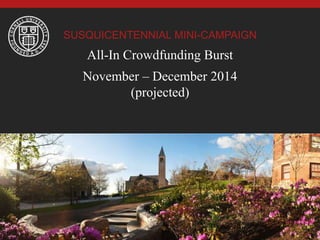 SUSQUICENTENNIAL MINI-CAMPAIGN
All-In Crowdfunding Burst
November – December 2014
(projected)
 