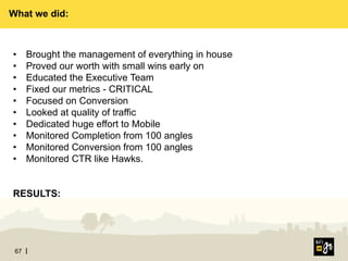 67
•  Brought the management of everything in house
•  Proved our worth with small wins early on
•  Educated the Executive Team
•  Fixed our metrics - CRITICAL
•  Focused on Conversion
•  Looked at quality of traffic
•  Dedicated huge effort to Mobile
•  Monitored Completion from 100 angles
•  Monitored Conversion from 100 angles
•  Monitored CTR like Hawks.
RESULTS:
What we did:
 
