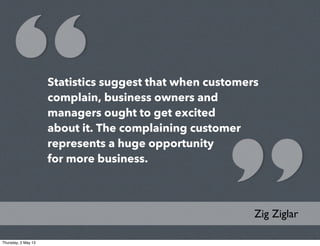 Statistics suggest that when customers
complain, business owners and
managers ought to get excited
about it. The complaining customer
represents a huge opportunity
for more business.
Zig Ziglar
Thursday, 2 May 13
 