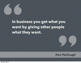 In business you get what you
want by giving other people
what they want.
Alice MacDougall
Thursday, 2 May 13
 
