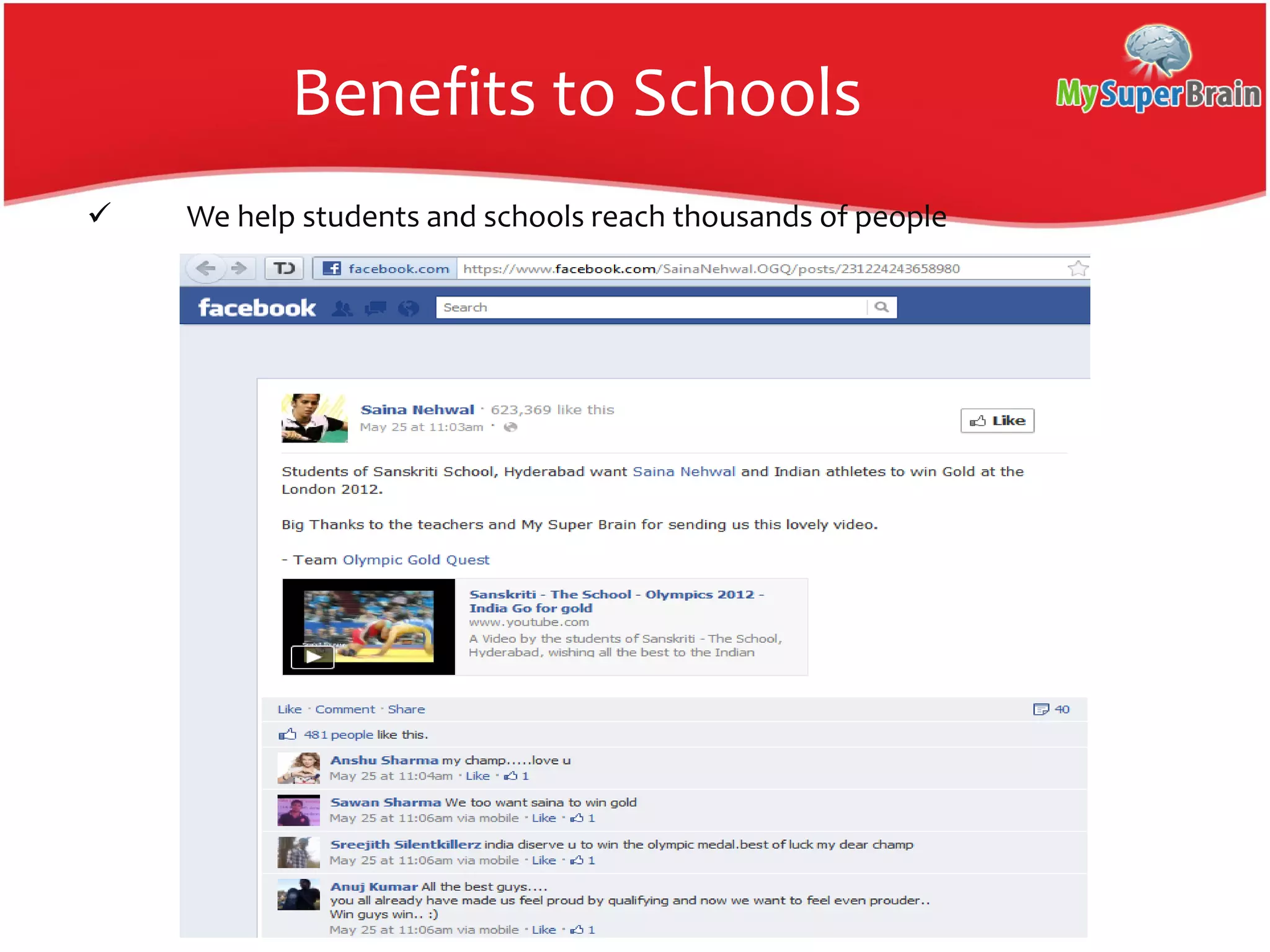 Benefits to Schools
 We help students and schools reach thousands of people
 
