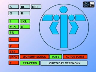 A DEF
H
JKL
M N O
S
T
UVW
PRAYERS
MASS ACTION SONGS
LORD’S DAY CEREMONY
WORSHIP SONGS
BC
G
I
PR
The
Y
 