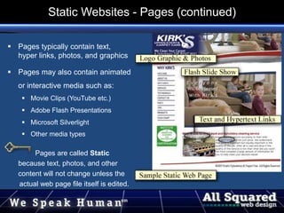  Pages typically contain text,
hyper links, photos, and graphics
 Pages may also contain animated
or interactive media such as:
 Movie Clips (YouTube etc.)
 Adobe Flash Presentations
 Microsoft Silverlight
 Other media types
Pages are called Static
because text, photos, and other
content will not change unless the
actual web page file itself is edited.
A web page editing program and
Static Websites - Pages (continued)
 