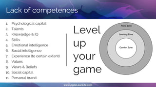 Lack of competences
Level
up
your
game
1. Psychological capital
2. Talents
3. Knowledge & IQ
4. Skills
5. Emotional intelligence
6. Social intelligence
7. Experience (to certain extent)
8. Values
9. Views & Beliefs
10. Social capital
11. Personal brand
 