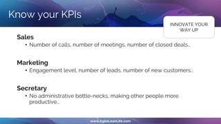 Know your KPIs
Sales
• Number of calls, number of meetings, number of closed deals…
Marketing
• Engagement level, number of leads, number of new customers…
Secretary
• No administrative bottle-necks, making other people more
productive…
INNOVATE YOUR
WAY UP
 