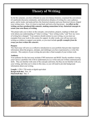 Theory of Writing
So far this semester, you have reflected on your own literacy histories; examined the conventions
of a particular discourse community; and remixed an old piece of writing for a new audience,
genre, and/or mode; and analyzed how the rhetorical situation and your rhetorical choices shaped
your writing remix. Now it is time to step back and look at the big picture—to reflect on the
writing you have produced this semester, making connections to key rhetorical concepts to
create your own theory of writing.
This project asks you to draw on the concepts, conversations, projects, readings to think and
write about your understanding of “what is writing,” “how writing works,” and “how my views
of writing have changed.” Your analysis should connect to your writing, so you must use
examples from your work in this course for support. In other words, you will use your own
writing as evidence to support your points, so you must include specific examples from the
essays you have written this semester.
Purpose
This final essay will serve as a reflective introduction to your portfolio that provides important
information about the progress, attempts, and challenges you have experienced as a writer this
semester. This analysis of your writing also provides a final example of your written work.
Audience
Your audience for this last essay includes UWP instructors and BGSU faculty members viewing
your Canvas e-portfolio who wish to understand you as a writer and your written communication
skills. They are familiar with some of the concepts and terms, but they are not familiar with you,
your writing, and what you’ve done in this class, so you will need to provide background
information about your writing.
Length: 1,250-1,750 words or digital equivalent
Rough draft due: Nov. 19
Final draft due: Dec. 5
 