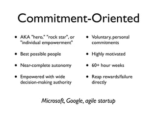 Commitment-Oriented
• AKA "hero," "rock star", or
"individual empowerment"
• Best possible people
• Near-complete autonomy
• Empowered with wide
decision-making authority
• Voluntary, personal
commitments
• Highly motivated
• 60+ hour weeks
• Reap rewards/failure
directly
Microsoft, Google, agile startup
 