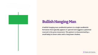 BullishHangingMan
A bullish hanging man candlestick pattern is a single candlestick
formation that typically appears in uptrend and suggests a potential
reversal in the price movement. This pattern is characterized by a
small body (in Green color) with a long lower shadow,
 