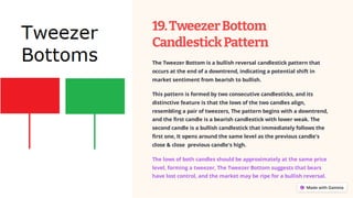 19.TweezerBottom
CandlestickPattern
The Tweezer Bottom is a bullish reversal candlestick pattern that
occurs at the end of a downtrend, indicating a potential shift in
market sentiment from bearish to bullish.
This pattern is formed by two consecutive candlesticks, and its
distinctive feature is that the lows of the two candles align,
resembling a pair of tweezers, The pattern begins with a downtrend,
and the first candle is a bearish candlestick with lower weak. The
second candle is a bullish candlestick that immediately follows the
first one, It opens around the same level as the previous candle's
close & close previous candle's high.
The lows of both candles should be approximately at the same price
level, forming a tweezer, The Tweezer Bottom suggests that bears
have lost control, and the market may be ripe for a bullish reversal.
 