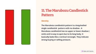 11.TheMarubozuCandlestick
Pattern
Identity
The Marubozu candlestick pattern is a long-bodied
single candlestick pattern with no shadow . A
Marubozu candlestick has no upper or lower shadow (
wick) and is easy to spot due to its long body. It
basically looks like a vertical rectangle. They indicate
strong buying or selling pressure.
 